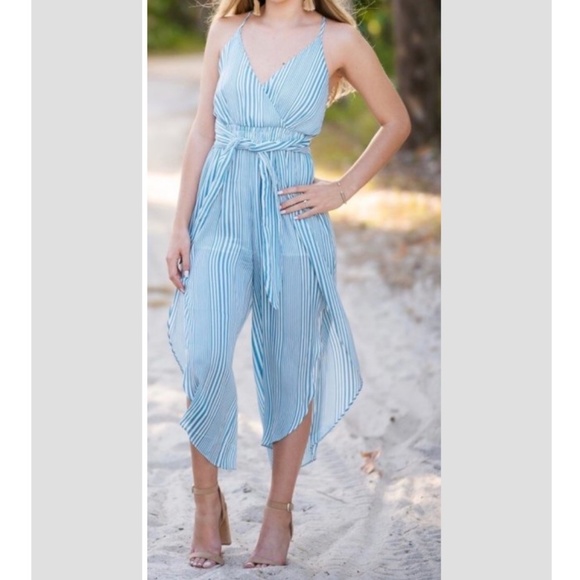 Moon River Anthropologie Jumpsuit Beach Blue White Stripe Cropped Flyaway Leg - Picture 2 of 16